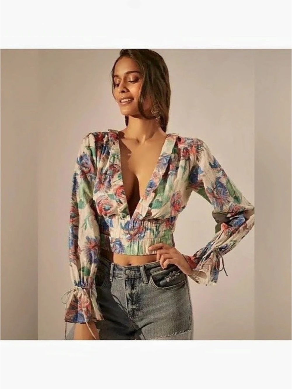 Anthropologie By Anthropologie Long Sleeve Ruffled Tie Front Top Floral Multicol